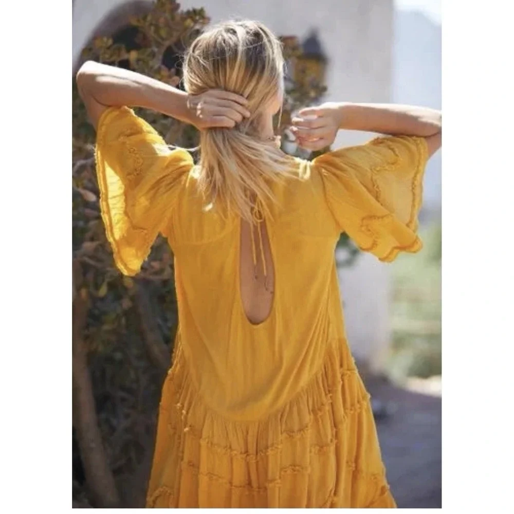 Free People Orianna Button Front Gold Yellow Midi Dress Size XS Oversized